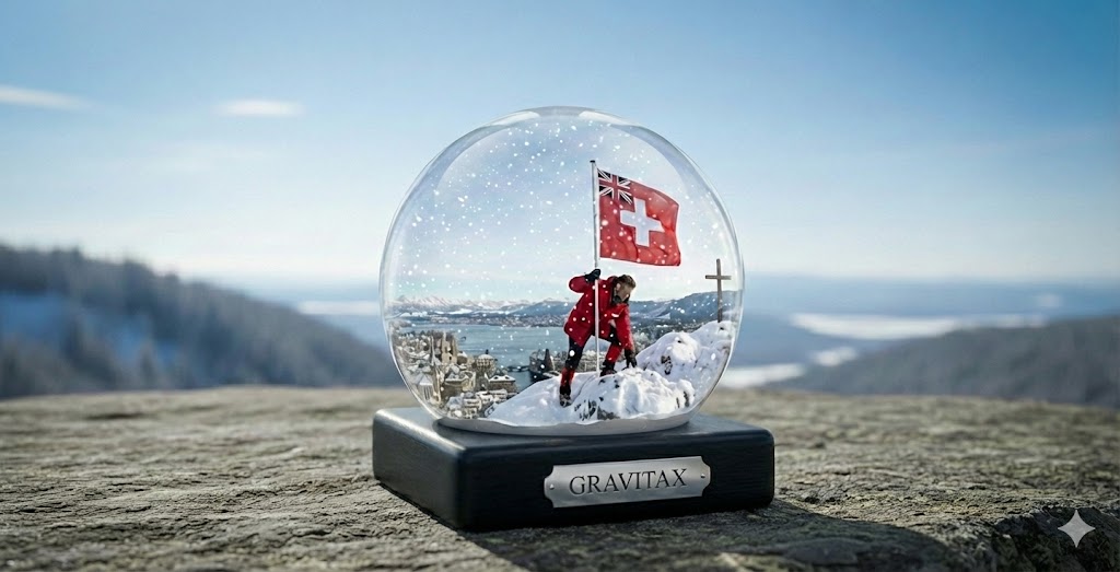 Snow globe with a Swiss–UK flag on a mountain above Zug, on a Gravitax plinth